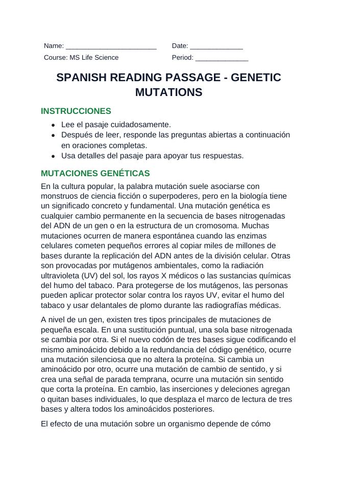 Genetic Mutations Spanish Reading Passage & Comprehension Questions sample page