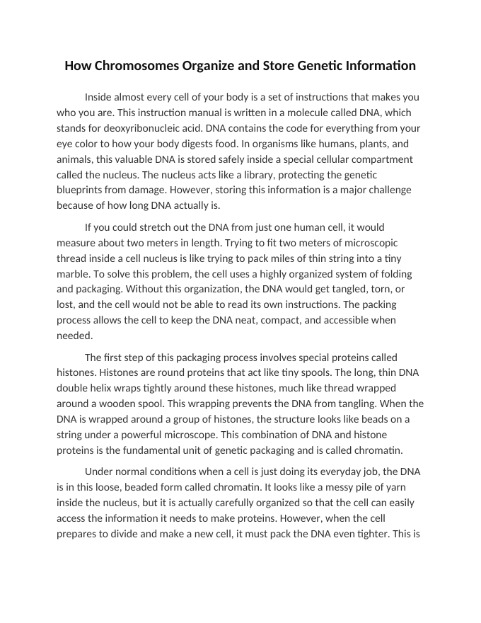 How Chromosomes Organize and Store Genetic Information Reading Worksheet sample page