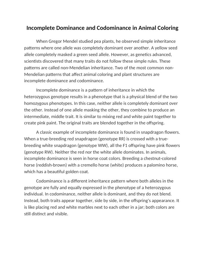 Incomplete Dominance and Codominance in Animal Coloring Reading Worksheet sample page