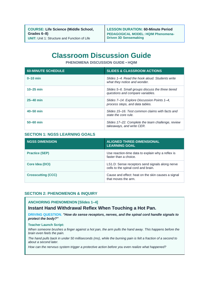 Information Processing & the Nervous System Phenomena-Based Lesson: Instant Hand Withdrawal Reflex When Touching a Hot Pan Teacher Discussion Guide sample page
