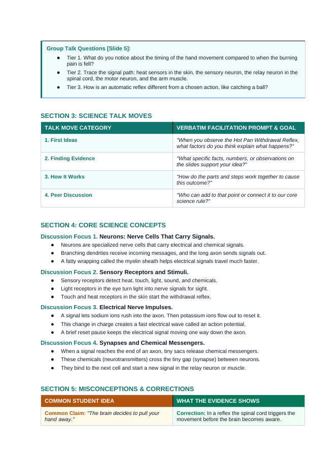 Information Processing & the Nervous System Phenomena-Based Lesson: Instant Hand Withdrawal Reflex When Touching a Hot Pan Teacher Discussion Guide sample page