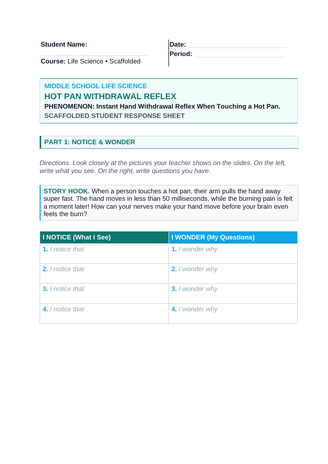Information Processing & the Nervous System Scaffolded Phenomena-Based Lesson: Instant Hand Withdrawal Reflex When Touching a Hot Pan Student Response Sheet sample page
