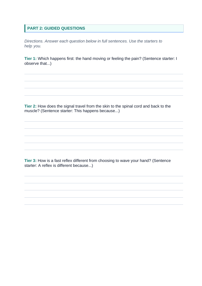 Information Processing & the Nervous System Scaffolded Phenomena-Based Lesson: Instant Hand Withdrawal Reflex When Touching a Hot Pan Student Response Sheet sample page