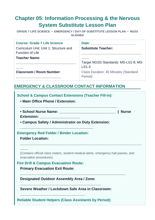 Information Processing & the Nervous System Substitute Lesson Plan sample page