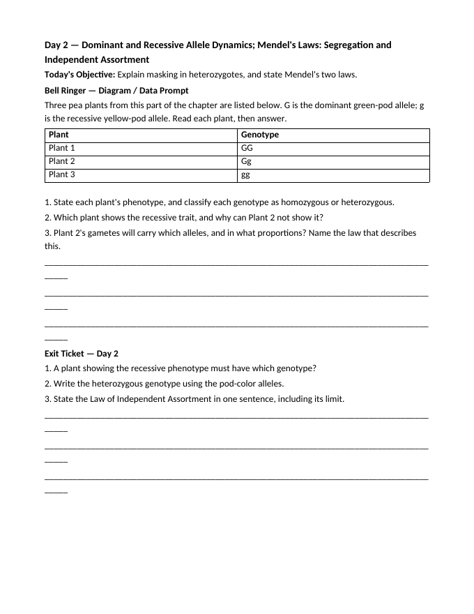 Inheritance of Traits & Punnett Squares Bell Ringers & Exit Tickets sample page