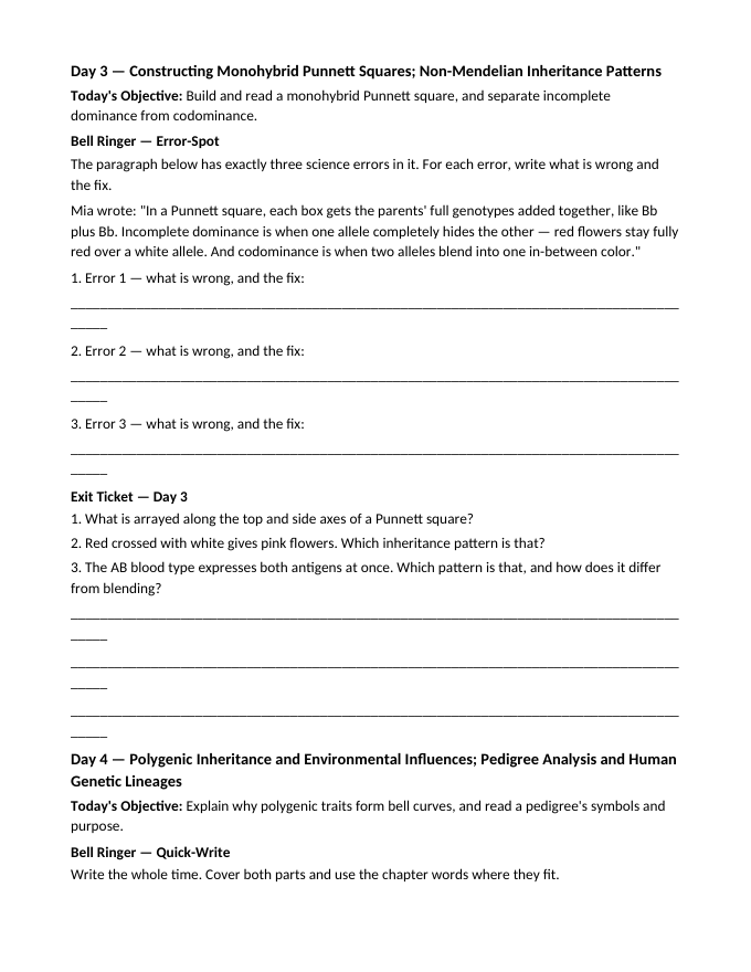 Inheritance of Traits & Punnett Squares Bell Ringers & Exit Tickets sample page