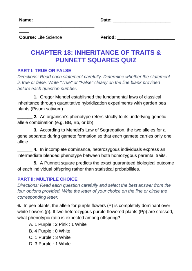 Inheritance of Traits & Punnett Squares Lesson Quiz sample page