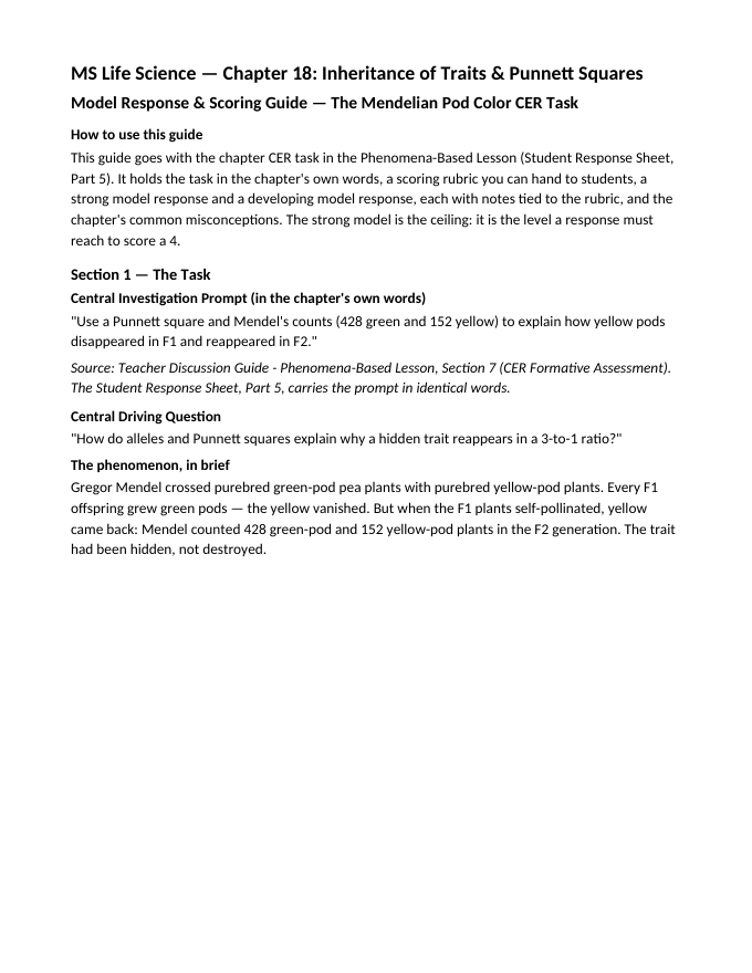 Inheritance of Traits & Punnett Squares Model Response & Scoring Guide sample page