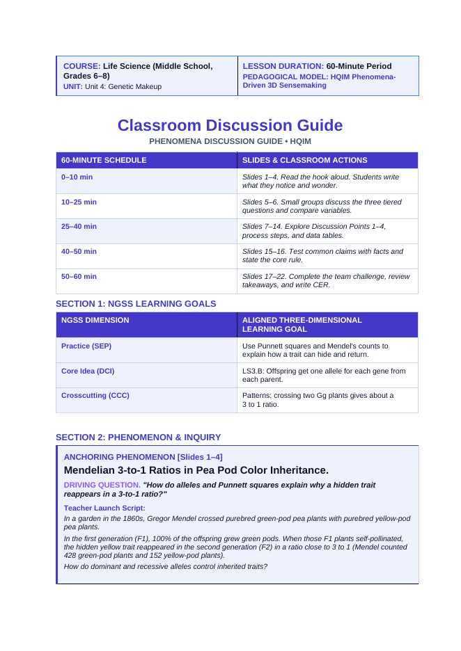 Inheritance of Traits & Punnett Squares Phenomena-Based Lesson: Mendelian 3-to-1 Ratios in Pea Pod Color Inheritance Teacher Discussion Guide sample page