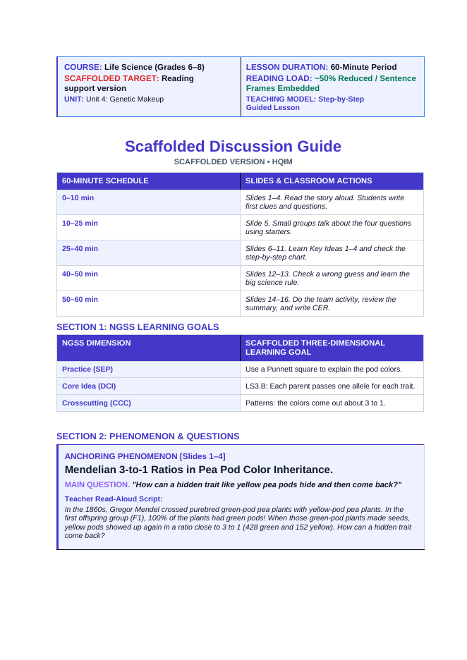 Inheritance of Traits & Punnett Squares Scaffolded Phenomena-Based Lesson: Mendelian 3-to-1 Ratios in Pea Pod Color Inheritance Teacher Discussion Guide sample page