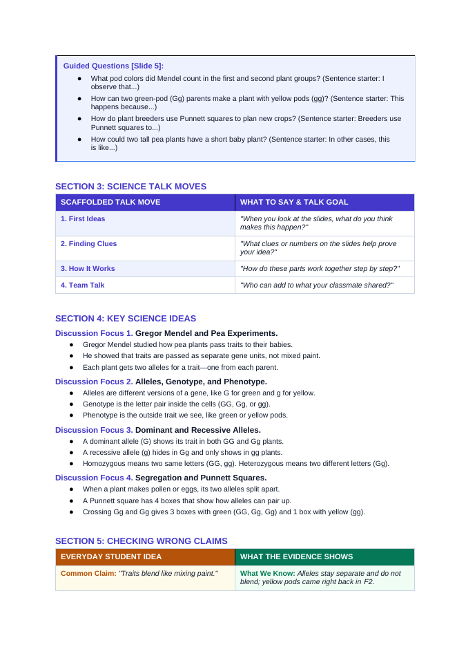 Inheritance of Traits & Punnett Squares Scaffolded Phenomena-Based Lesson: Mendelian 3-to-1 Ratios in Pea Pod Color Inheritance Teacher Discussion Guide sample page