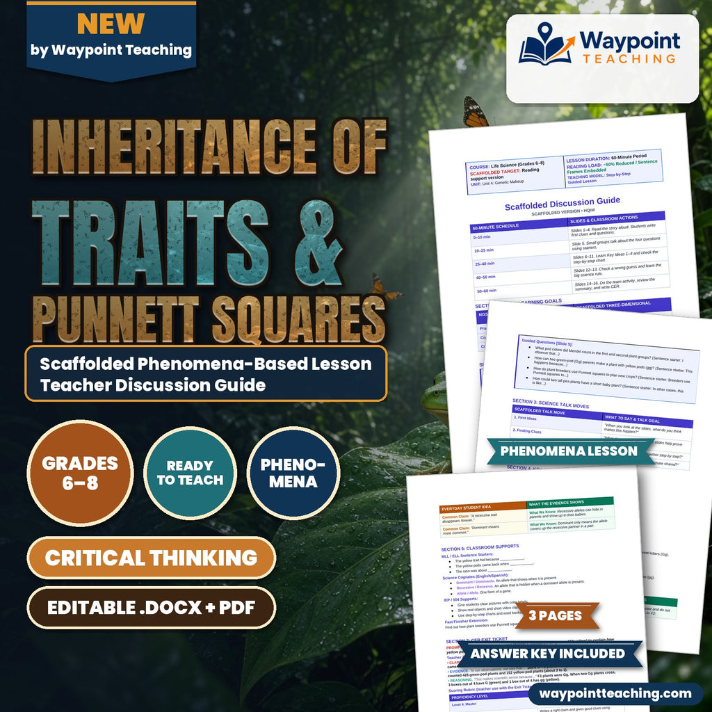 Inheritance of Traits & Punnett Squares Scaffolded Phenomena-Based Lesson: Mendelian 3-to-1 Ratios in Pea Pod Color Inheritance Teacher Discussion Guide cover