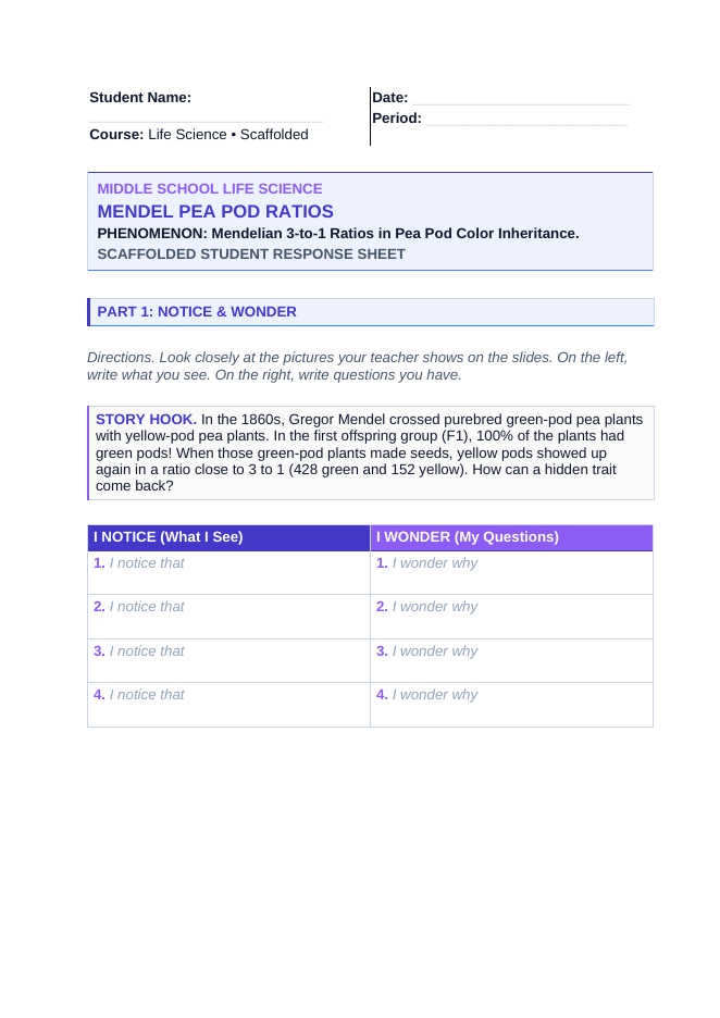 Inheritance of Traits & Punnett Squares Scaffolded Phenomena-Based Lesson: Mendelian 3-to-1 Ratios in Pea Pod Color Inheritance Student Response Sheet sample page