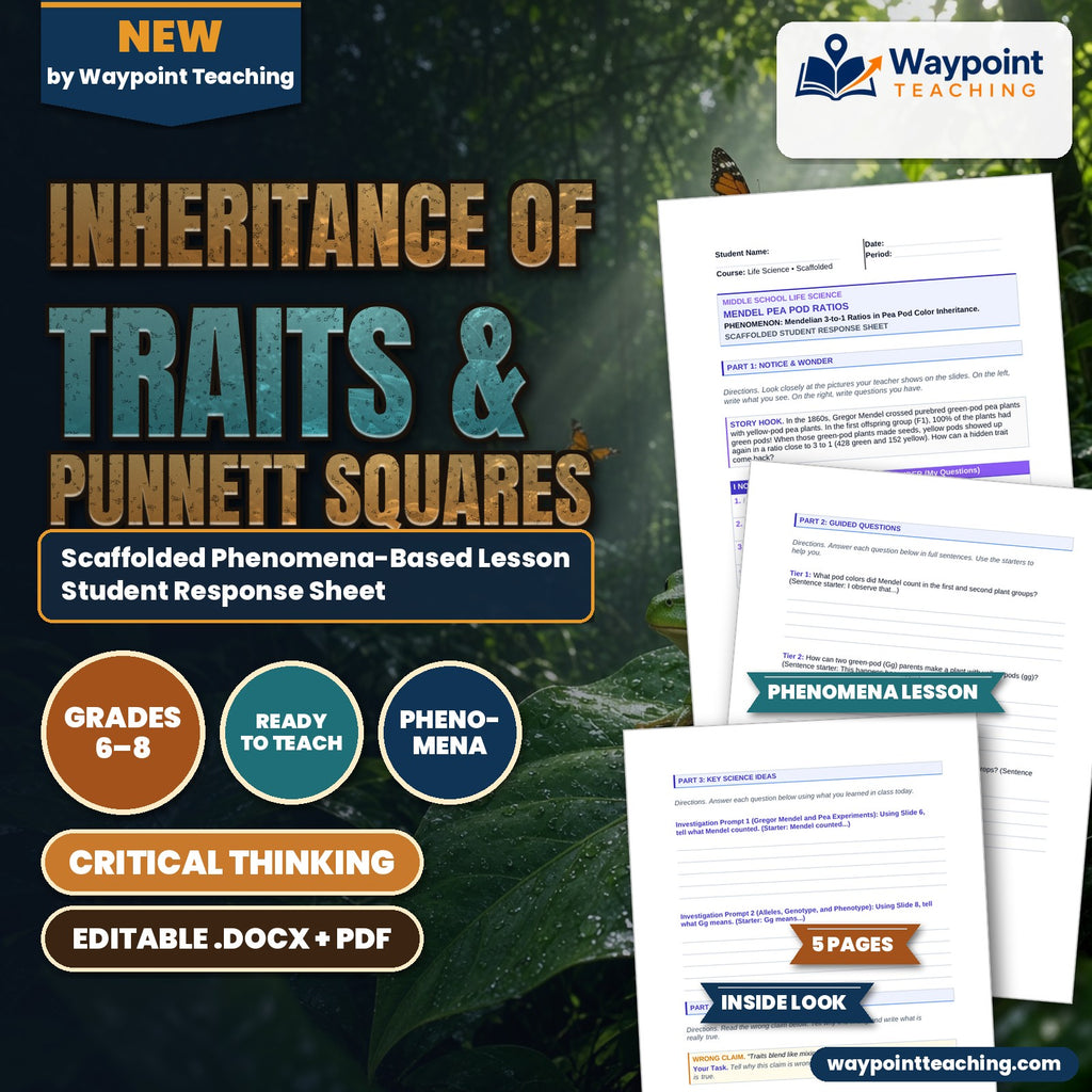 Inheritance of Traits & Punnett Squares Scaffolded Phenomena-Based Lesson: Mendelian 3-to-1 Ratios in Pea Pod Color Inheritance Student Response Sheet cover
