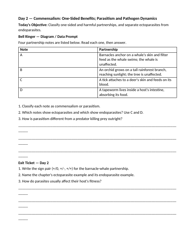Interacting Relationships in Ecosystems Bell Ringers & Exit Tickets sample page