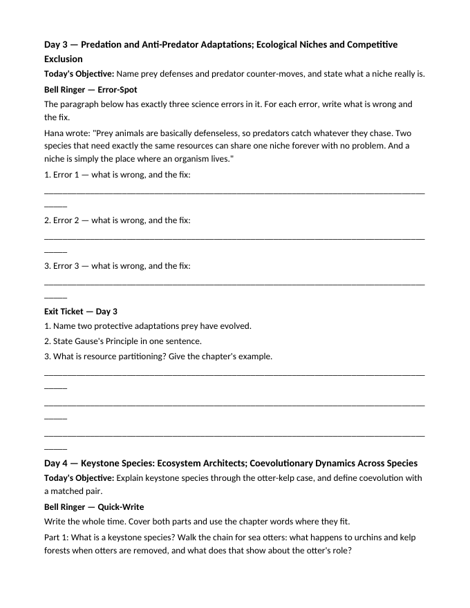 Interacting Relationships in Ecosystems Bell Ringers & Exit Tickets sample page
