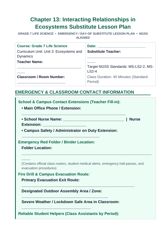 Interacting Relationships in Ecosystems Substitute Lesson Plan sample page