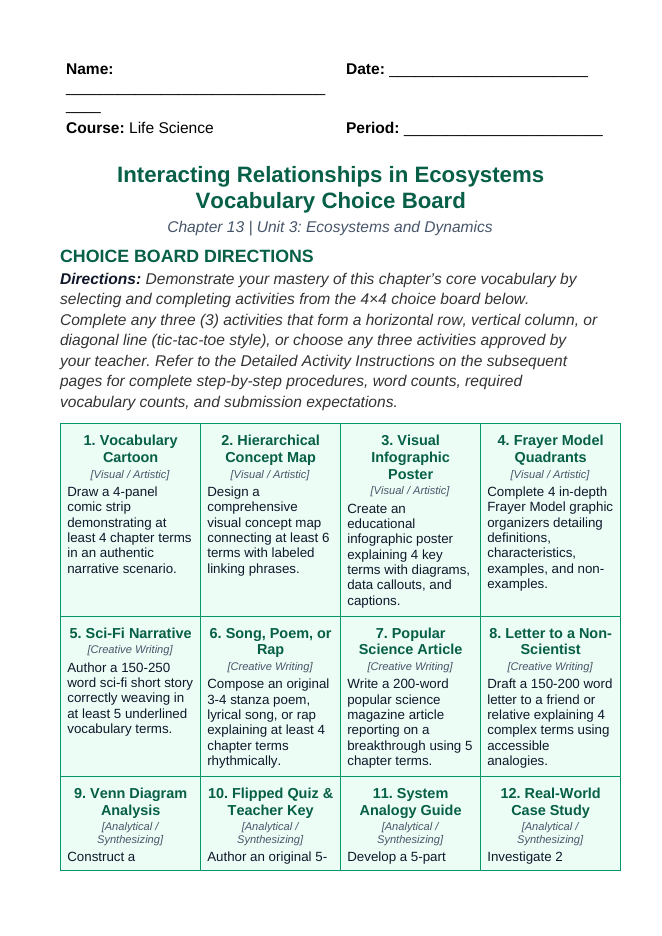 Interacting Relationships in Ecosystems Vocabulary Choice Board sample page