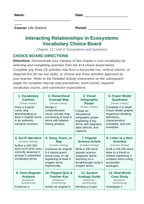 Interacting Relationships in Ecosystems Vocabulary Choice Board sample page