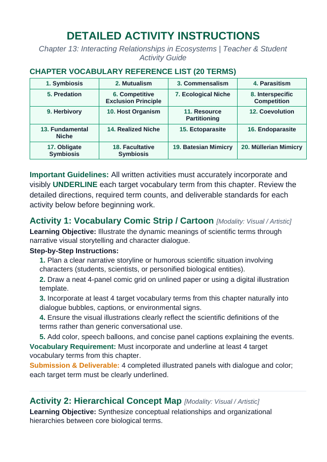 Interacting Relationships in Ecosystems Vocabulary Choice Board sample page