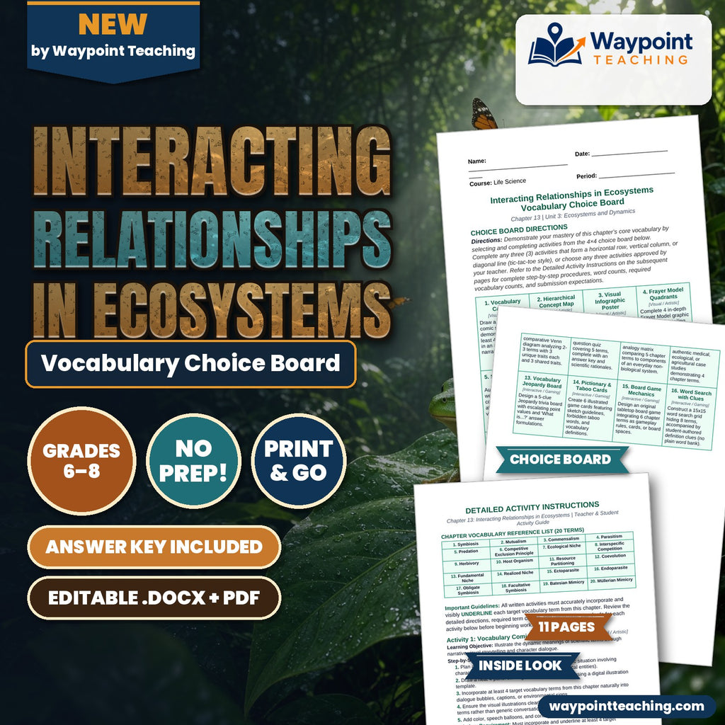 Interacting Relationships in Ecosystems Vocabulary Choice Board cover