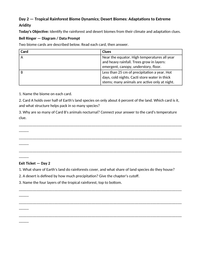 Introduction to Ecosystems & Biomes Bell Ringers & Exit Tickets sample page