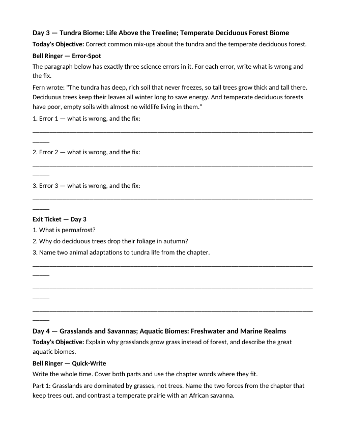 Introduction to Ecosystems & Biomes Bell Ringers & Exit Tickets sample page