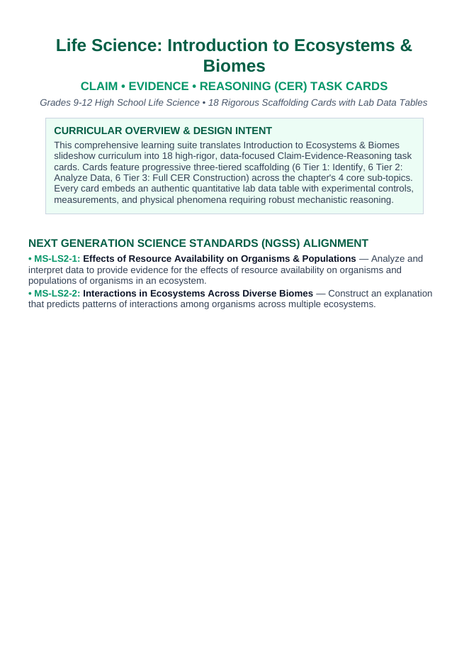 Introduction to Ecosystems & Biomes CER Task Cards sample page