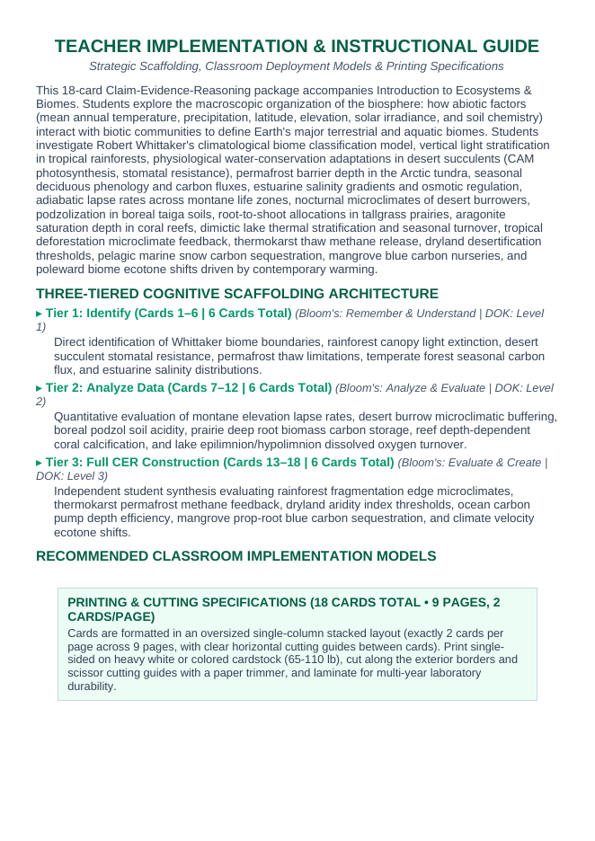 Introduction to Ecosystems & Biomes CER Task Cards sample page