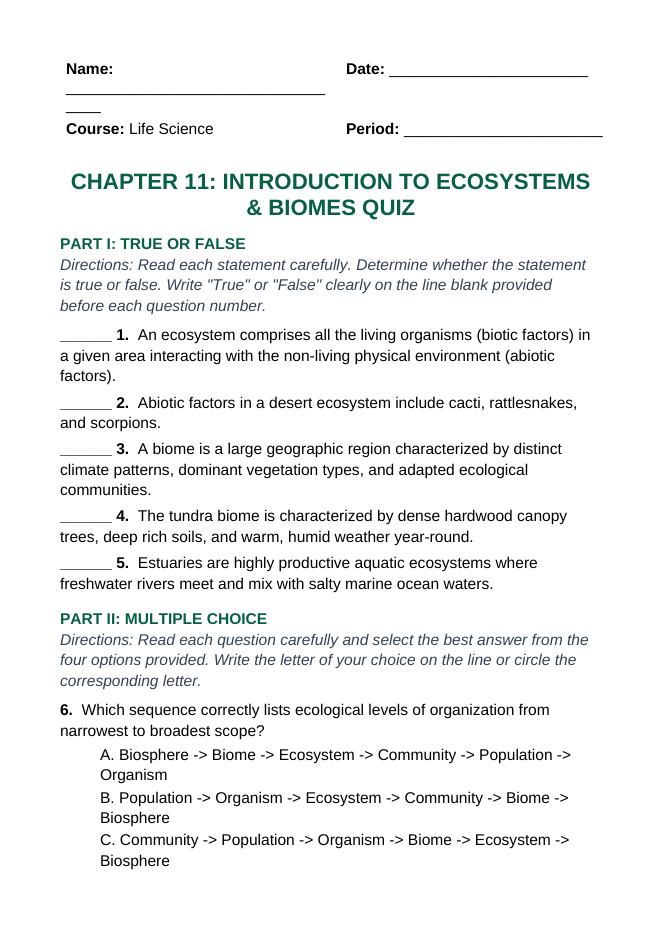 Introduction to Ecosystems & Biomes Lesson Quiz sample page
