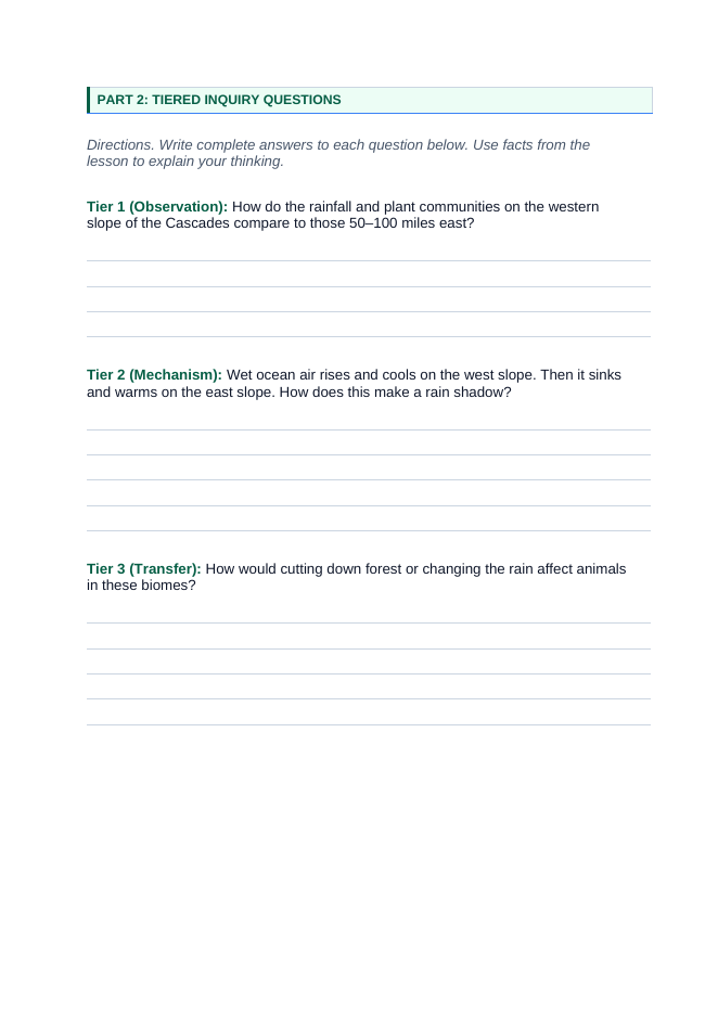 Introduction to Ecosystems & Biomes Phenomena-Based Lesson: Sharp Biome Changes Across a Mountain Rain Shadow Student Response Sheet sample page