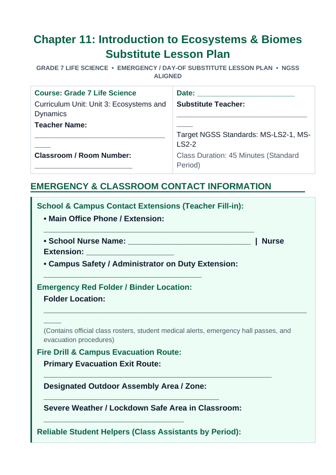 Introduction to Ecosystems & Biomes Substitute Lesson Plan sample page