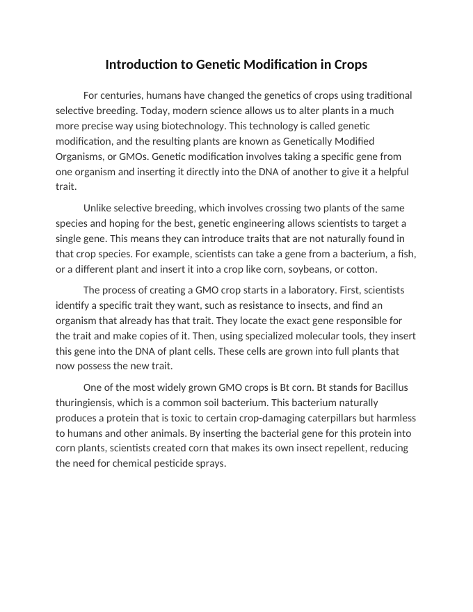 Introduction to Genetic Modification in Crops Reading Worksheet sample page