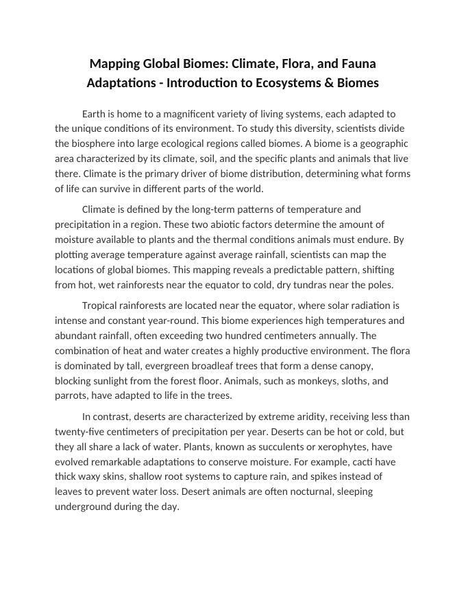 Mapping Global Biomes: Climate, Flora, and Fauna Adaptations Reading Worksheet sample page