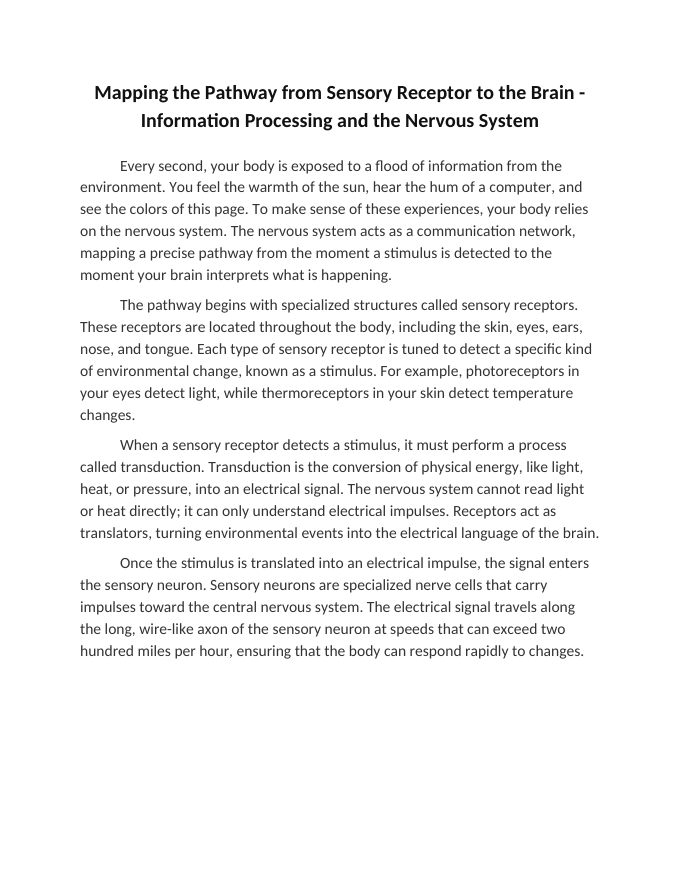 Mapping the Pathway from Sensory Receptor to the Brain Reading Worksheet sample page