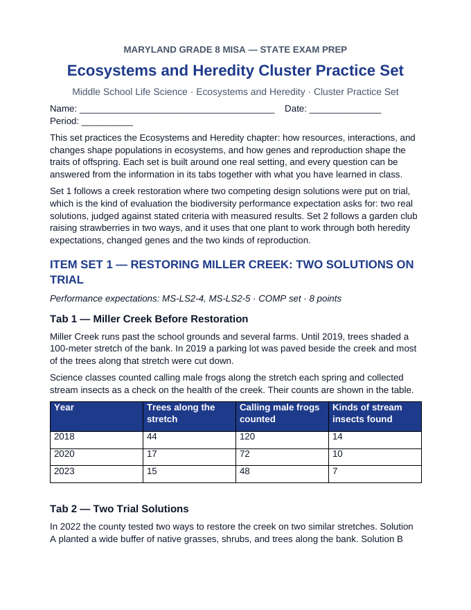 Maryland MISA Ecosystems and Heredity Cluster Practice Set sample page