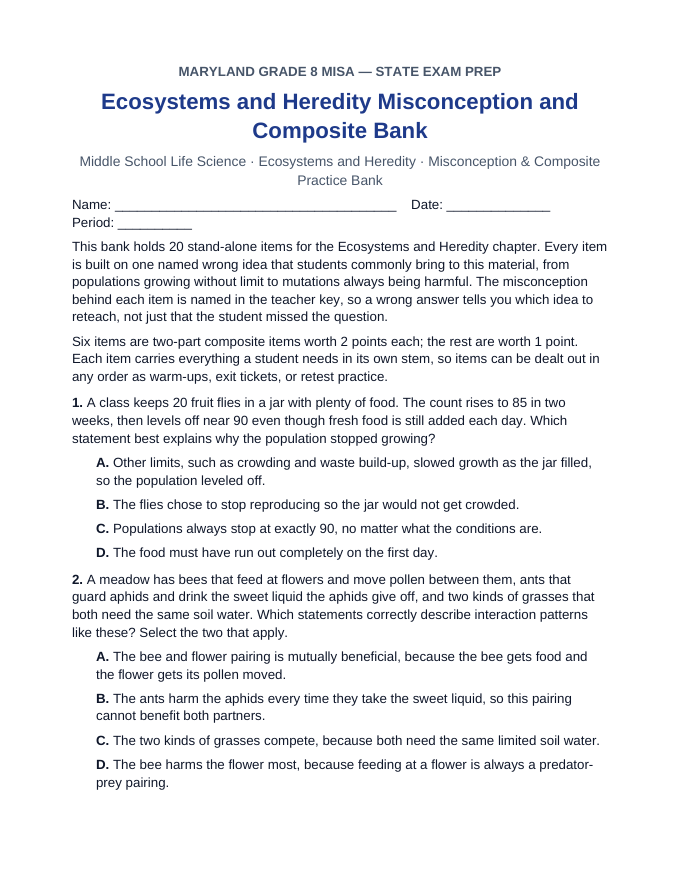 Maryland MISA Ecosystems and Heredity Misconception & Composite Practice Bank sample page