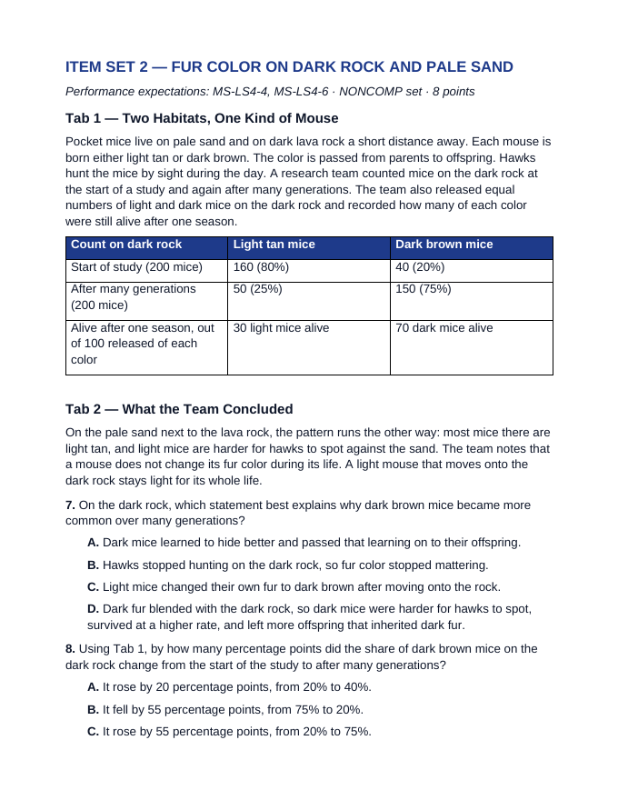Maryland MISA Natural Selection and Adaptations Cluster Practice Set sample page