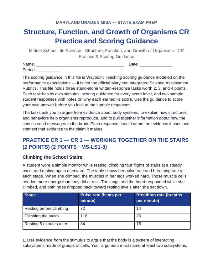 Maryland MISA Structure, Function, and Growth of Organisms CR Practice & Scoring Guidance sample page