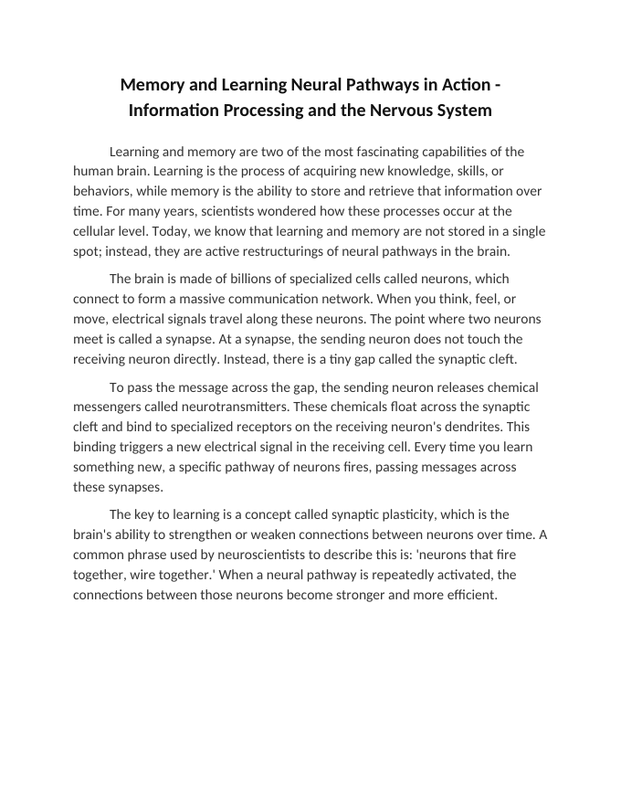 Memory and Learning Neural Pathways in Action Reading Worksheet sample page