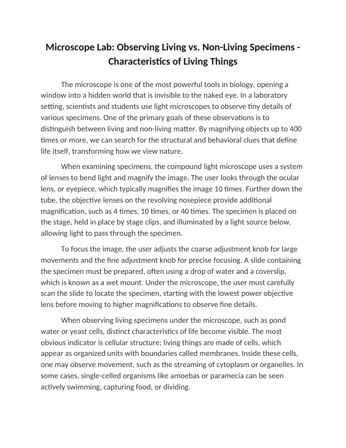 Microscope Lab: Observing Living vs. Non-Living Specimens Reading Worksheet sample page