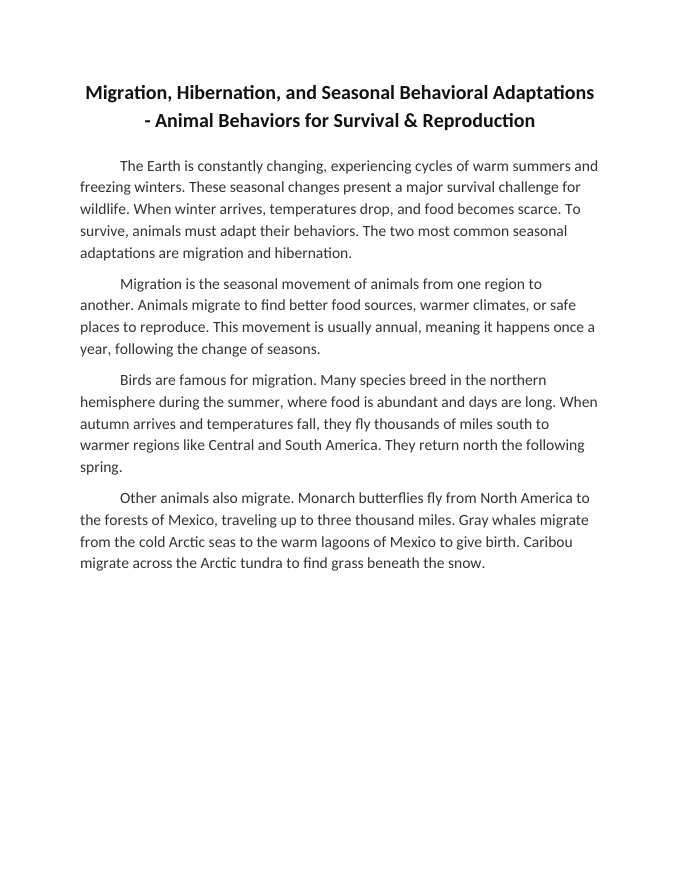 Migration, Hibernation, and Seasonal Behavioral Adaptations Reading Worksheet sample page