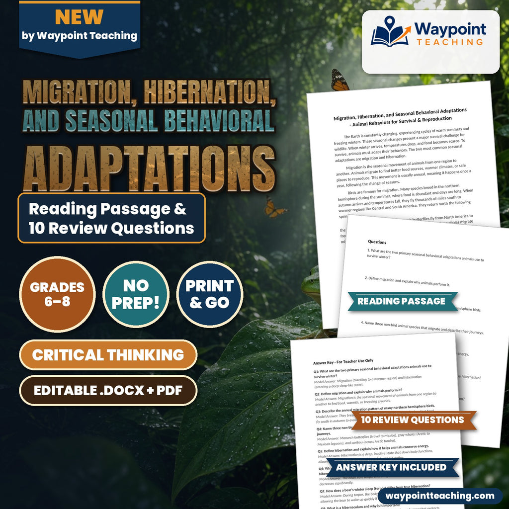 Migration, Hibernation, and Seasonal Behavioral Adaptations Reading Worksheet cover