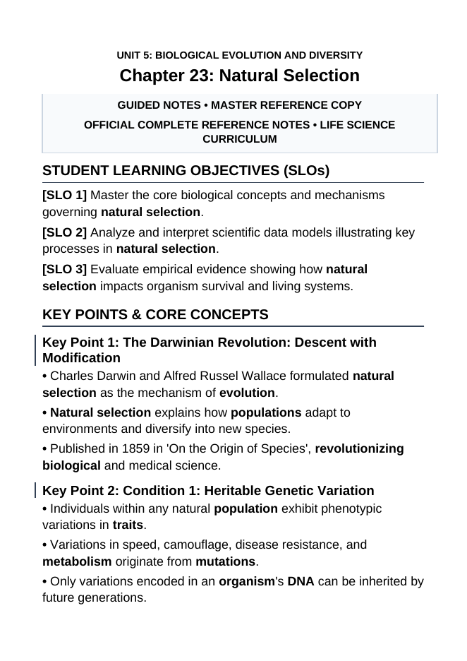 Natural Selection Guided Notes sample page
