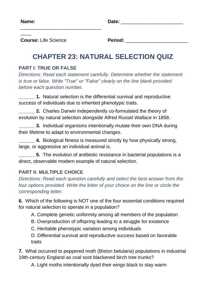 Natural Selection Lesson Quiz sample page