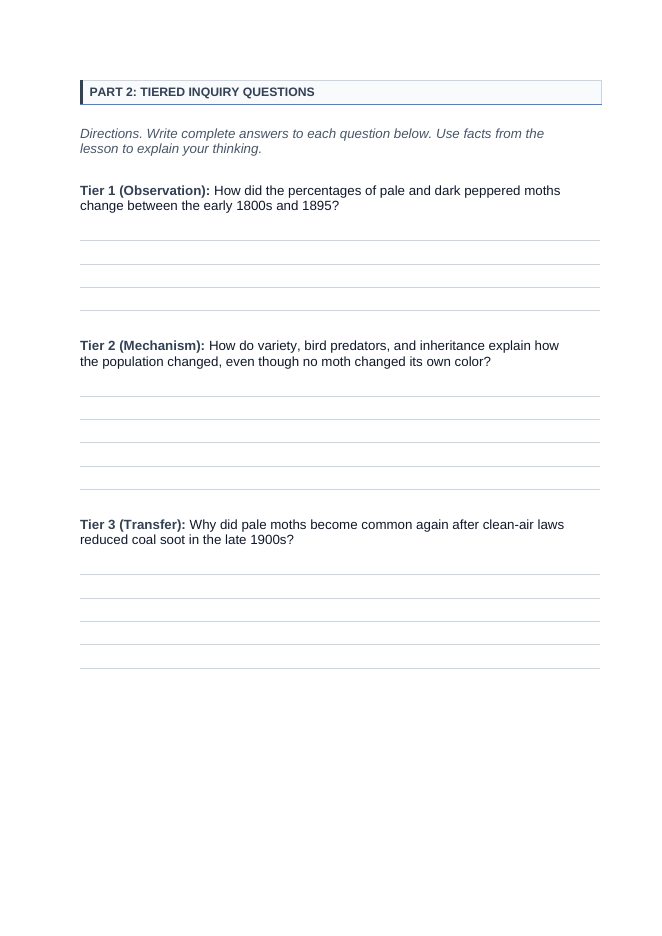 Natural Selection Phenomena-Based Lesson: Peppered Moth Color Frequency Shifts During the Industrial Revolution Student Response Sheet sample page