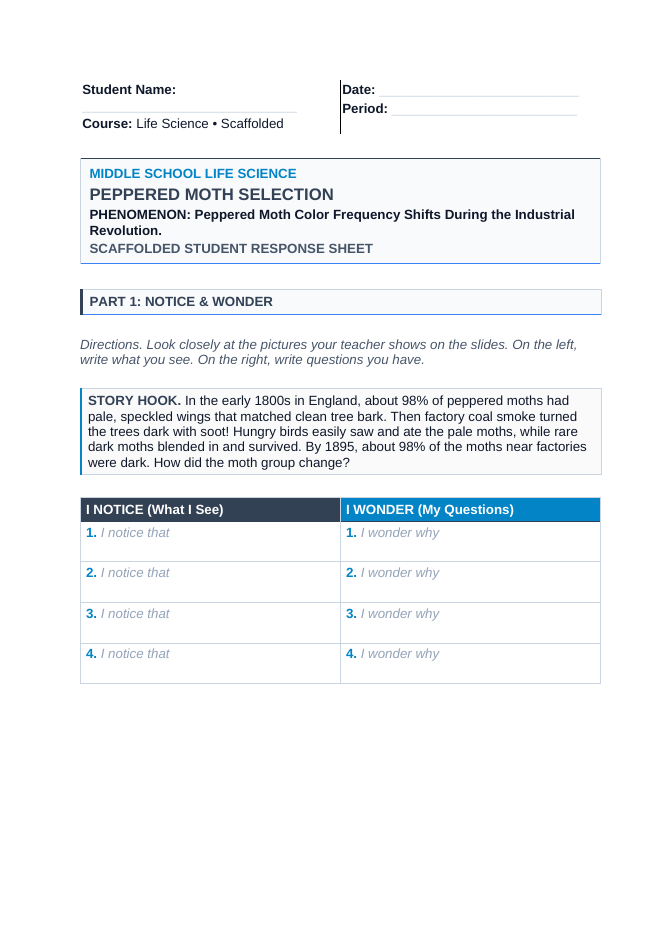 Natural Selection Scaffolded Phenomena-Based Lesson: Peppered Moth Color Frequency Shifts During the Industrial Revolution Student Response Sheet sample page