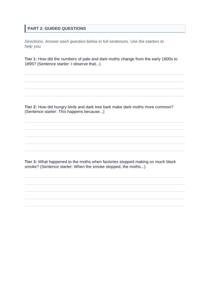 Natural Selection Scaffolded Phenomena-Based Lesson: Peppered Moth Color Frequency Shifts During the Industrial Revolution Student Response Sheet sample page