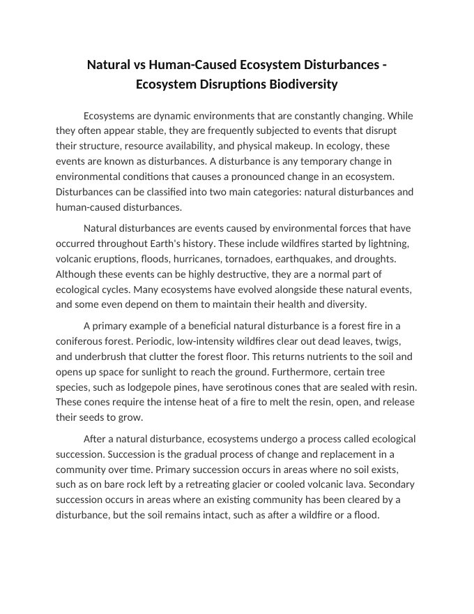 Natural vs Human-Caused Ecosystem Disturbances Reading Worksheet sample page