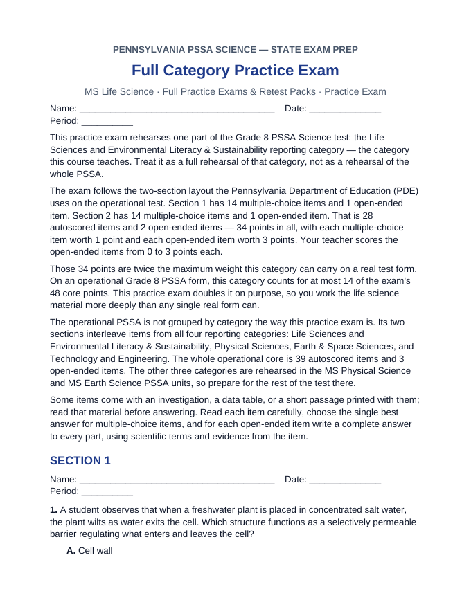 Pennsylvania PSSA Full Practice Exams & Retest Packs Practice Exam sample page